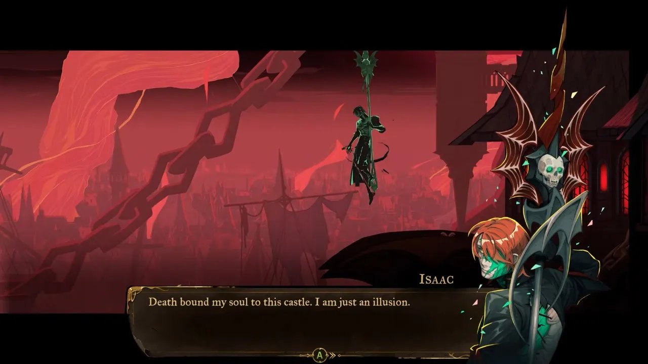 Castlevania: Belmont's Curse bosses, Isaac floating above the castle exterior with dialogue identifying him as an illusion