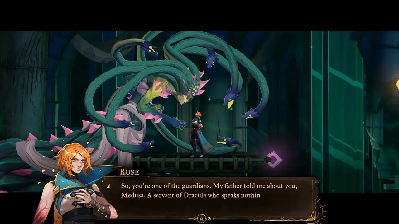 Castlevania: Belmont's Curse bosses, Rose facing Medusa's large snake-haired form in a stone chamber