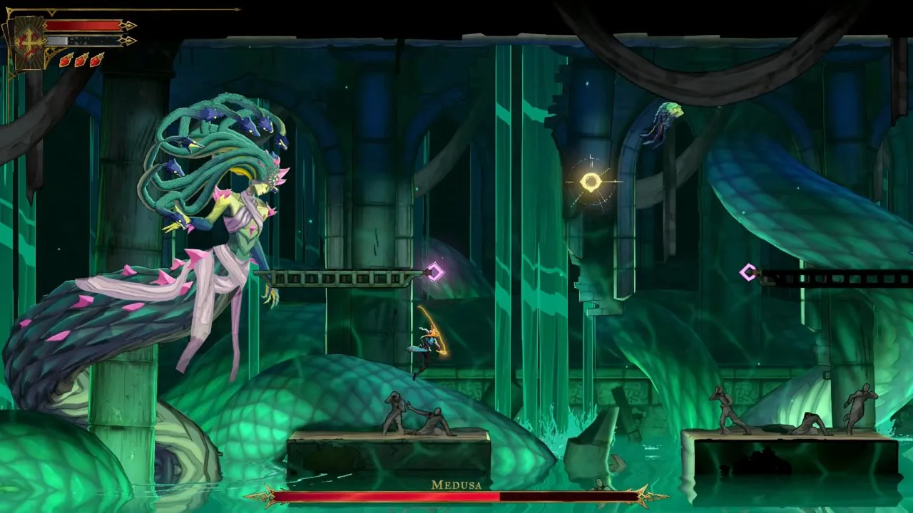 Castlevania: Belmont's Curse Medusa boss arena, with Rose airborne between platforms and Medusa on the left