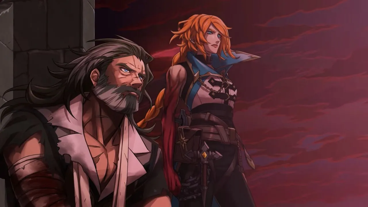 Castlevania: Belmont's Curse normal ending, Trevor and Rose standing under a dark red sky after Dracula's defeat
