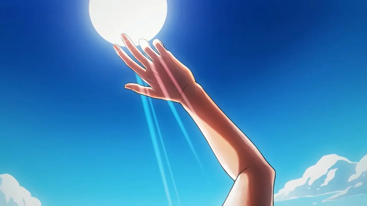 Castlevania: Belmont's Curse true ending, Rose's hand reaching toward the sun in a blue sky