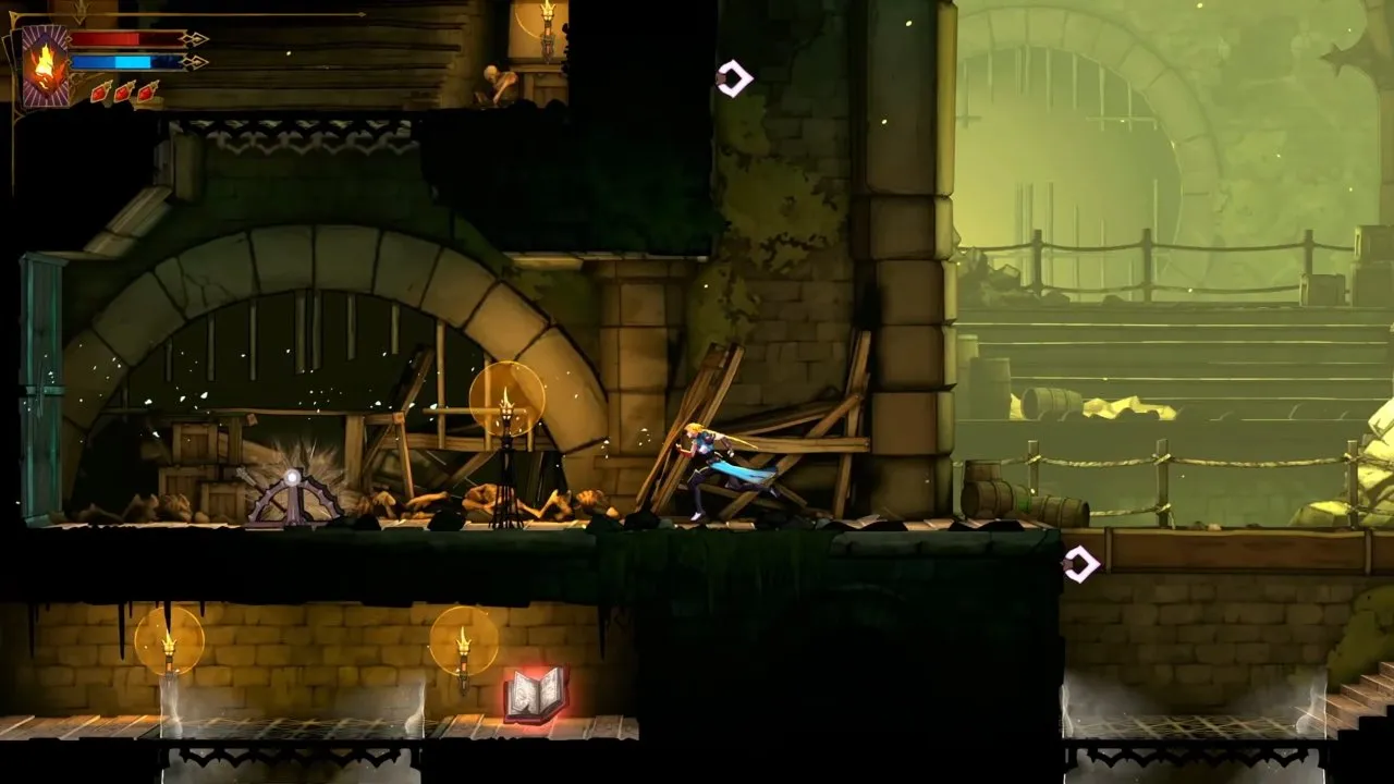 Castlevania: Belmont's Curse map shortcut with a pulley beside a stone arch and a book below