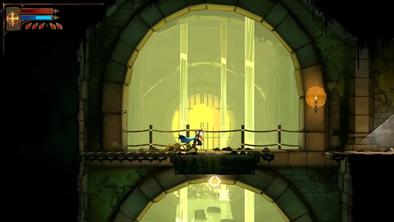 Castlevania: Belmont's Curse map traversal with a glowing circular anchor beneath a platform