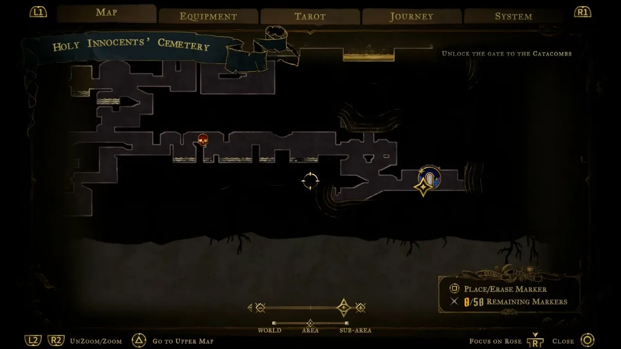 Castlevania: Belmont's Curse map of Holy Innocents' Cemetery showing its explored corridors and Rose's position