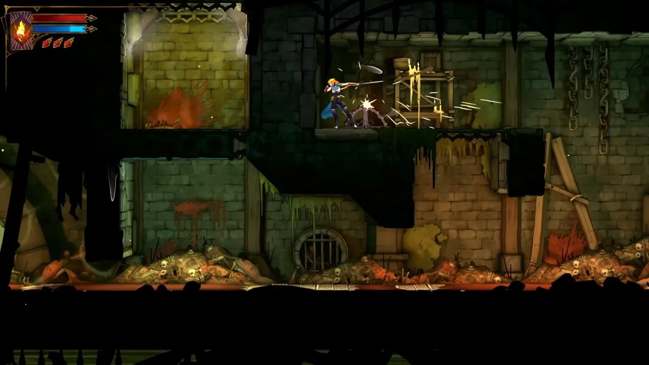 Castlevania: Belmont's Curse map route with the character striking a pulley on an upper ledge