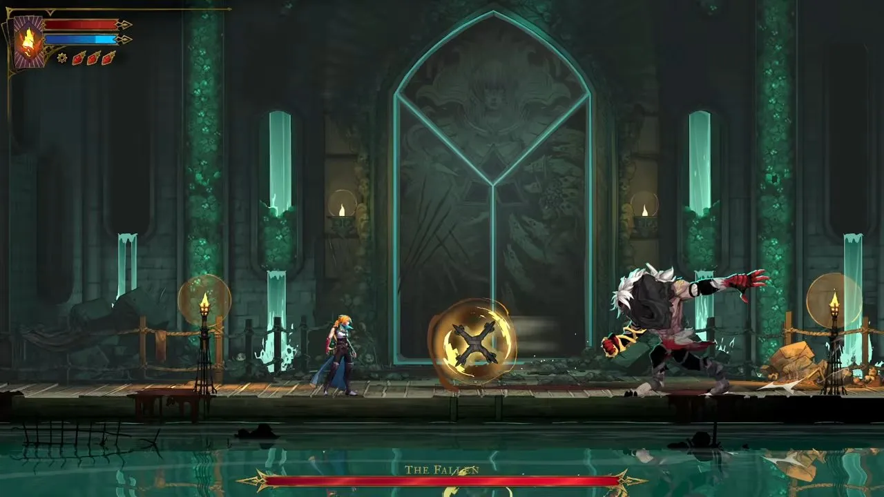 Castlevania: Belmont's Curse Paris Streets Fallen throwing a spinning cross toward the player