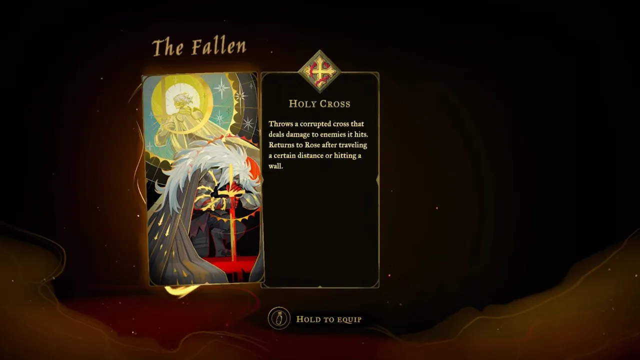 Castlevania: Belmont's Curse Paris Streets The Fallen card with Holy Cross and Hold to Equip prompt