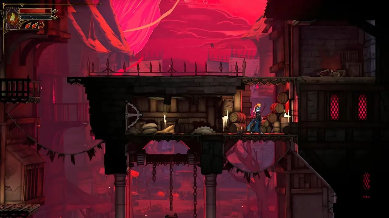 Castlevania: Belmont's Curse Paris Streets lower passage beside barrels, candles and a wall mechanism