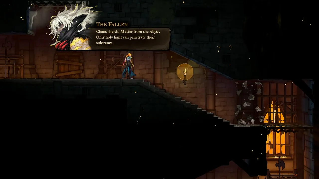 Castlevania: Belmont's Curse Prison Tower Chaos Shards blocking the stairs as The Fallen explains Holy Light