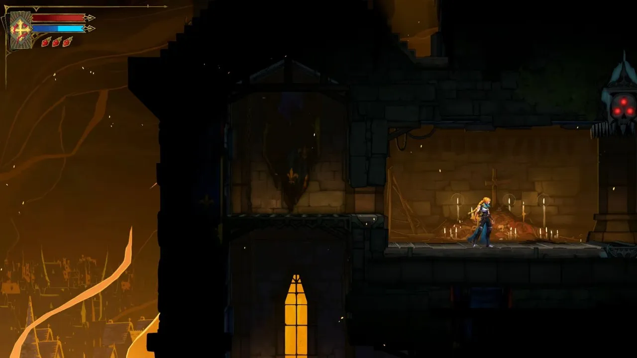 Castlevania: Belmont's Curse Prison Tower return climb with Rose in a candlelit stone corridor