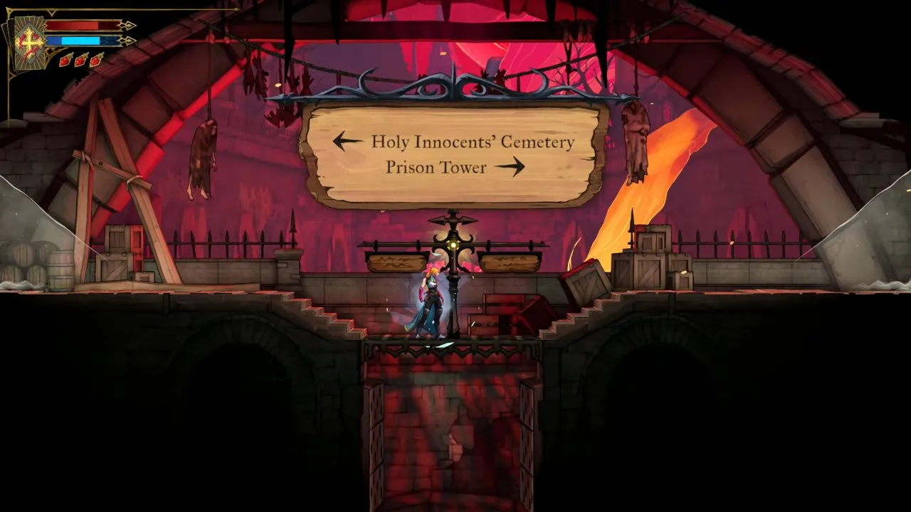 Castlevania: Belmont's Curse Prison Tower sign pointing right and Holy Innocents' Cemetery sign pointing left