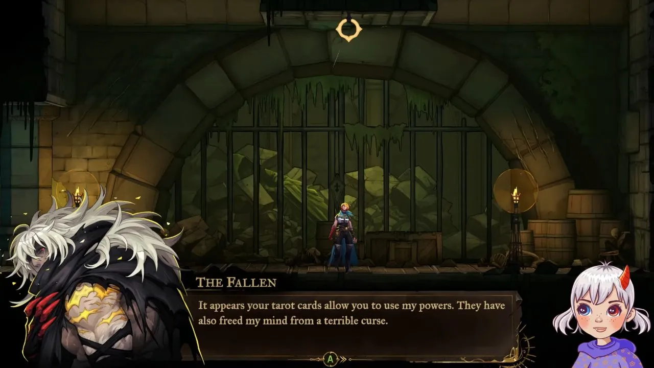 Castlevania: Belmont's Curse tarot cards dialogue with The Fallen saying the cards grant its powers and free its mind from a curse