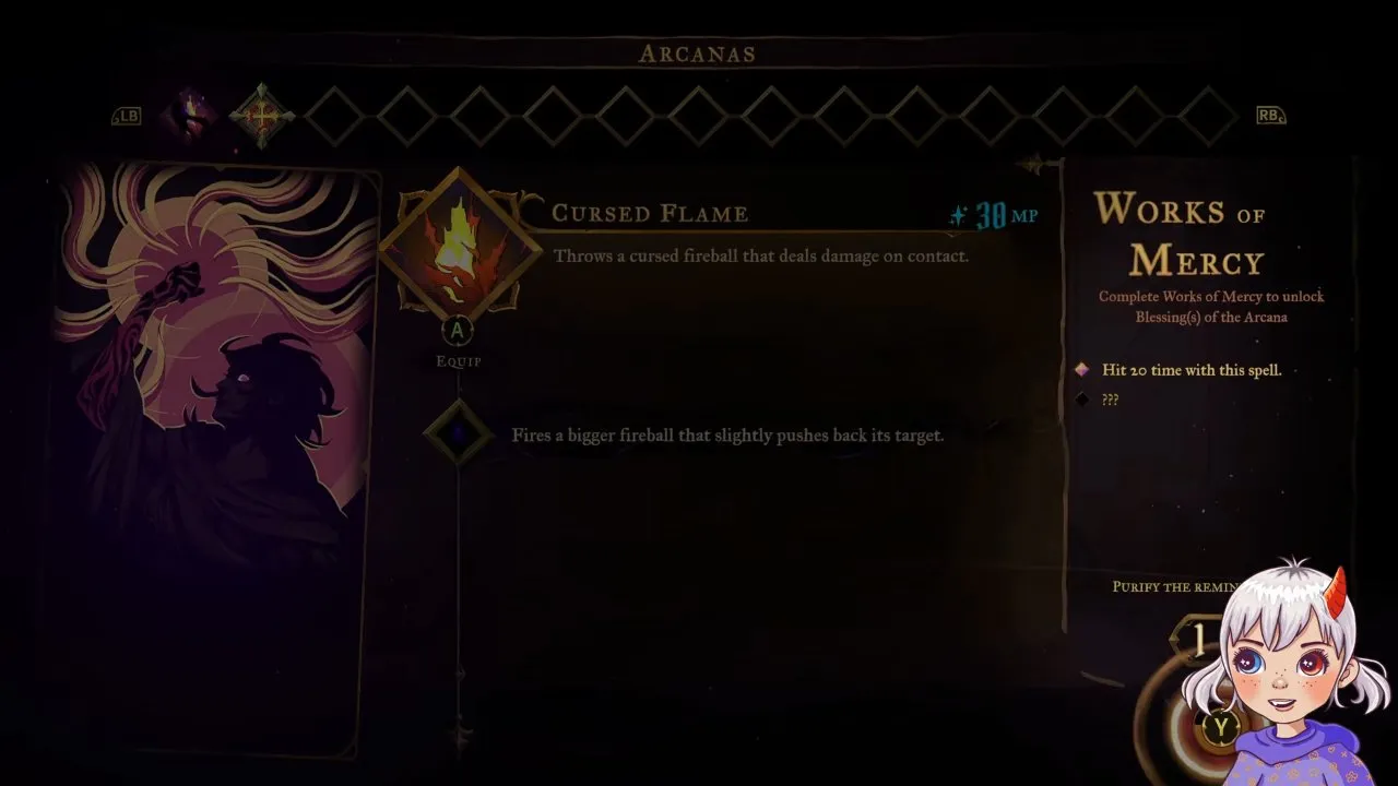 Castlevania: Belmont's Curse tarot cards Cursed Flame menu showing Works of Mercy and a bigger fireball upgrade
